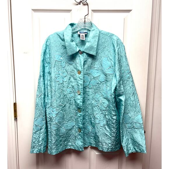 Aqua Blue Silk Blouse Floral Embroidery Long Sleeve Button Up Women's Size L - Picture 1 of 5